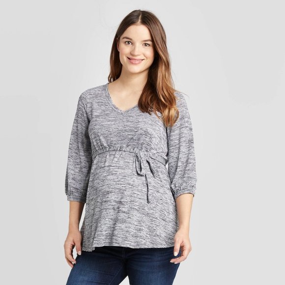 Maternity Striped 3/4 Sleeve V-Neck Tie Front Top - Picture 1 of 7